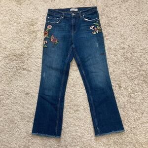 ZARA WOMAN Bootcut Embroidered Floral Jeans Ladybug Size 2 Cropped Novelty Cute